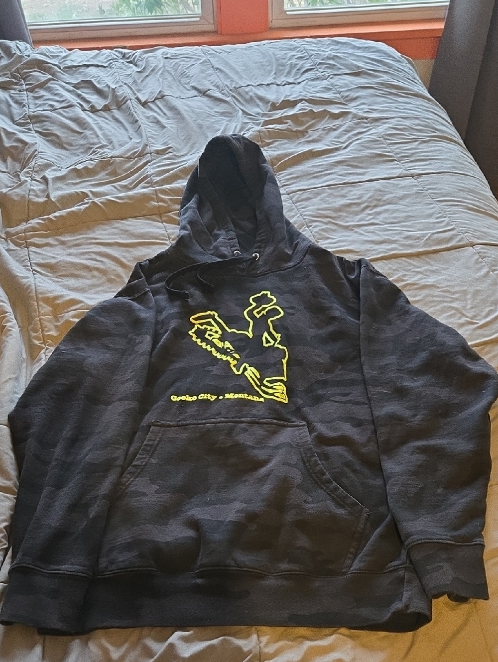 Men's Black Camo Hoodie with Neon Yellow Graphic